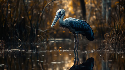 A Shoebill Stork Standing in a Swampy Wetland with Clear Water Reflections