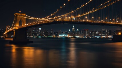 Fototapeta premium A view of a suspension bridge over a river with a city skyline in the background. The bridge is lit up at night and the water is reflecting the lights.