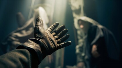 Mysterious Gloved Hand Reaching Toward Hooded Figures in Dim Light