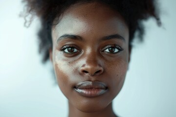 Close up portrait of African American woman against white background.
