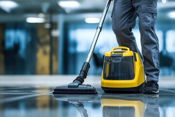 A cleaning service worker in a grey uniform is cleaning with a vacuum cleaner in a modern office interior. The close-up view shows the legs and hand