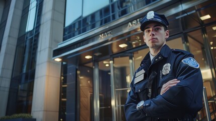 Corporate Security Guard on Duty at Building Entrance with Surveillance Cameras