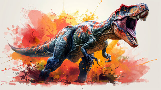 Roaring dinosaurus ,watercolor illustration, Tyrannosaurus rex watercolor illustration, abstract background