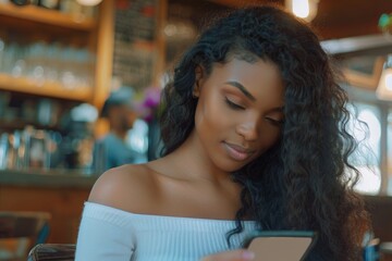 Young African American woman reading text message at coffee shop.