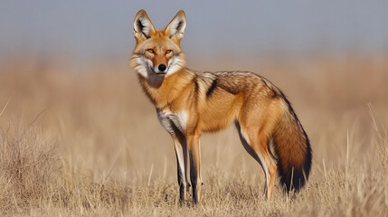 Naklejka premium A maned wolf standing tall in a field of grass, showcasing its reddish fur and black legs in sharp detail.