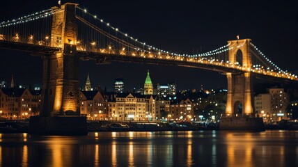 Obraz premium A suspension bridge illuminated at night with a cityscape in the background.