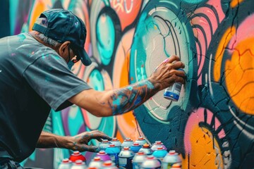 Urban Street Artist Creates Vivid Mural with Bold Colors in a Vibrant Alleyway