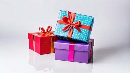 Obraz premium A colorful stack of gift boxes with ribbons, perfect for celebrations like birthdays, holidays, or special occasions