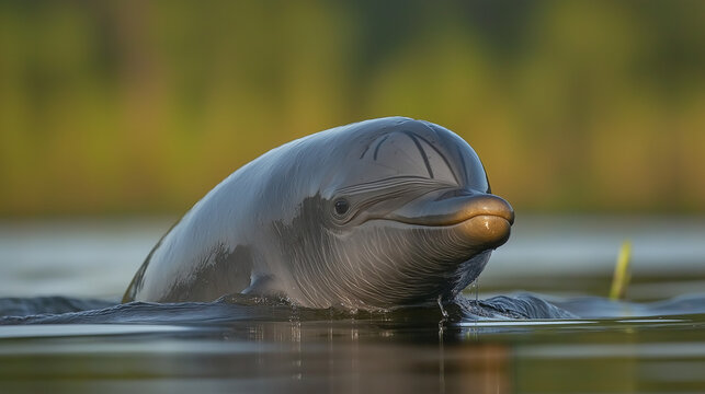 An Irrawaddy dolphin surfacing in a calm river, with the water's reflection.