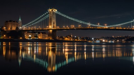 Obraz premium A suspension bridge illuminated at night, reflecting on the water's surface.