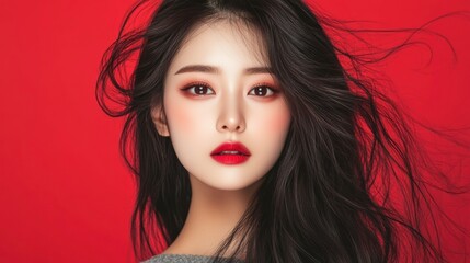 Fototapeta premium Asian Beauty Model Poses Elegantly With Long Hair and Korean Makeup Against a Vibrant Red Background. Generative AI