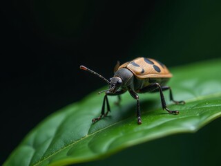 Naklejka premium A colorful bug sitting on top of a green leaf 
