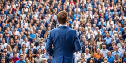 Back View of Man Speaking to a Blurred Crowd, Public Speaking, Audience, Conference