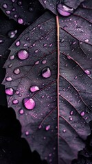 Fototapeta premium A Black Leaf Adorned With Shimmering Droplets Reflecting Subtle Colors in High Contrast. Generative AI