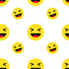 Fototapeta premium Pattern of yellow smiley faces with closed eyes and wide open mouths, appearing to be laughing. 