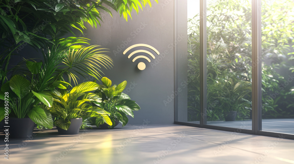 Wall mural a 3d design showing a wifi symbol next to an office building and some plants. it represents a wirele