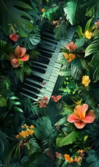 Piano keys hidden in lush tropical foliage.