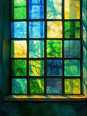 Colorful stained glass window with sunlight casting reflections.