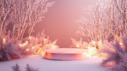 A round, pink platform sits in a snowy forest with trees and branches covered in white frost and delicate lights illuminating the scene.