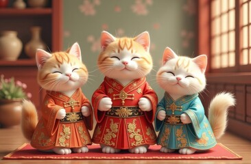 Three japan cats dressing traditional chinese clothes
