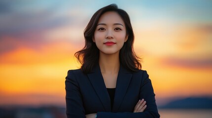 Portrait of a blissful asian woman in her 30s dressed in a stylish blazer against a vibrant sunset horizon. AI Generation