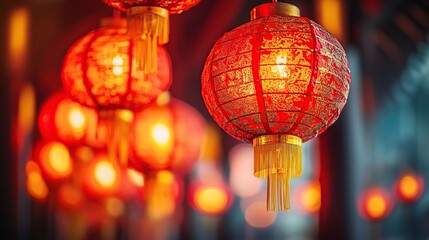 Vibrant red lanterns illuminate a festive atmosphere.