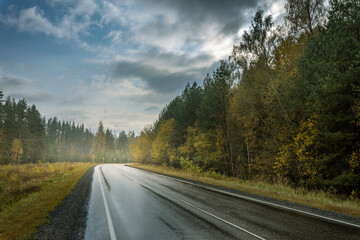 A road with trees in the background and a cloudy sky