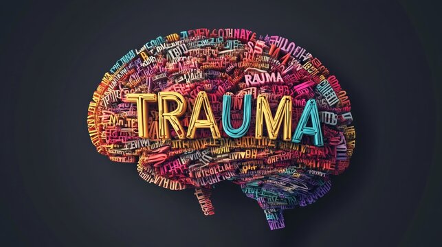 A colorful illustration of a brain filled with words related to trauma.