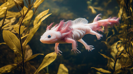 Obraz premium A Pink Axolotl Swimming Gracefully in a Crystal-Clear Pond. v2