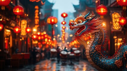 Fototapeta premium Vibrant street scene with dragon and lanterns.