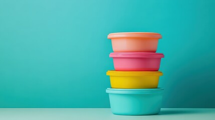 Colorful stacked storage containers on a teal background, ideal for organization and home decor.