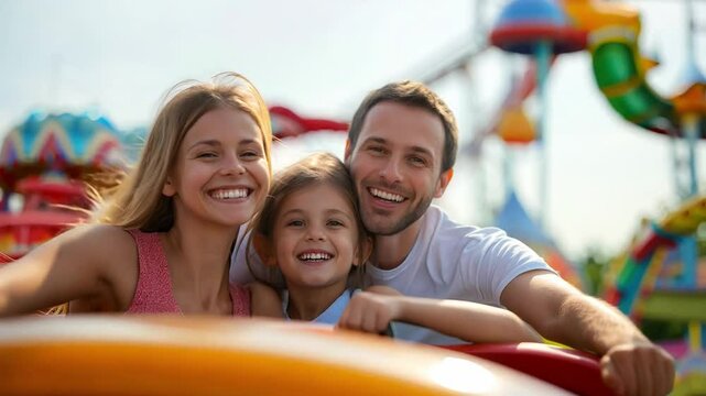 A joyful family with child smiles widely as they ride a vibrant roller coaster at an amusement park on a bright, sunny day