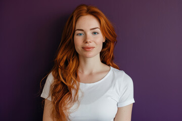 Obraz premium Confident Red-haired Woman in White T-Shirt Against Purple Background for Modern Portrait Media