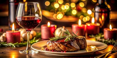 Candlelit Steak Dinner with Red Wine, Glass, Plate, Steak, Rosemary, Candle, Wine Glass