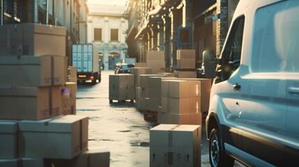 A delivery van loading packages in a busy city depot, logistics setting with stacked boxes and delivery personnel, Cinematic style