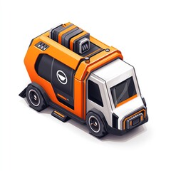 Naklejka premium A compact, stylized vehicle with an orange and white design, featuring a distinctive logo and storage compartments on top.