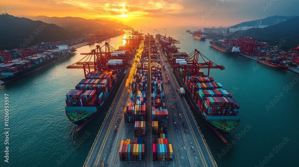 Poster the sunset casts a warm glow over the busy container port, where towering cranes load and unload car