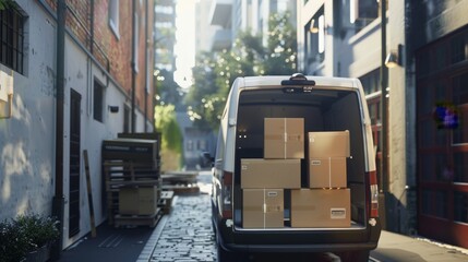 A delivery van loading packages, urban setting with warehouses, Documentary style