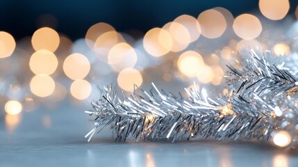 Silver tinsel interwoven with fairy lights, close-up, sparkling holiday decor