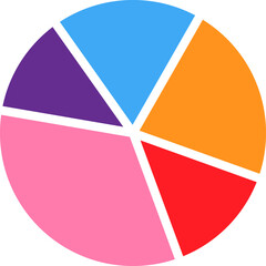 Obraz premium Pie chart with six colored segments: purple, blue, orange, red, pink, and light blue, representing data distribution across categories. 