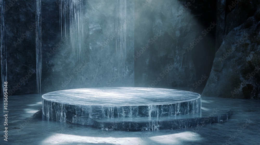 Poster inside a dark cave, a circular platform glistens under a beam of light while water cascades down its