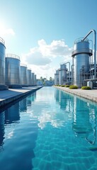 A modern public utility facility showcasing large silos and tranquil water reflections under a clear blue sky, symbolizing efficiency and infrastructure.