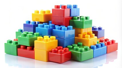 Fototapeta premium Colorful toy bricks are stacked, creating a growing structure