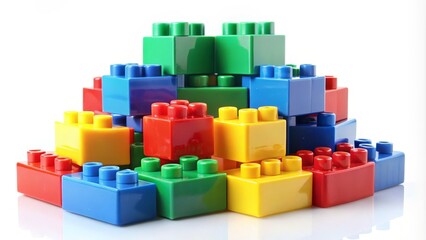 Colorful toy bricks are stacked, creating a growing structure
