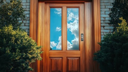 Obraz premium Wooden Front Door With Glass Panels Reflects Blue Sky Above and Lush Greenery on a Sunny Day. Generative AI