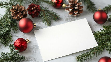 Fototapeta premium A blank card on a Christmas table setting. It's perfect for invitations, menus, or greeting cards. The card is on a white background and has space for your message.