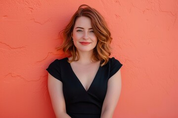 Elegant Woman in Black Dress with Auburn Hair Against Vivid Coral Background for Fashion Editorial