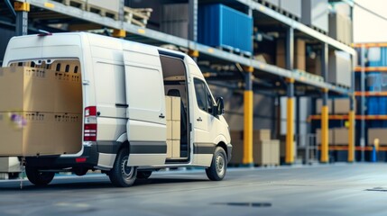 Naklejka premium A delivery van loading parcels outside a distribution center, logistics setting with shipping containers, Natural style