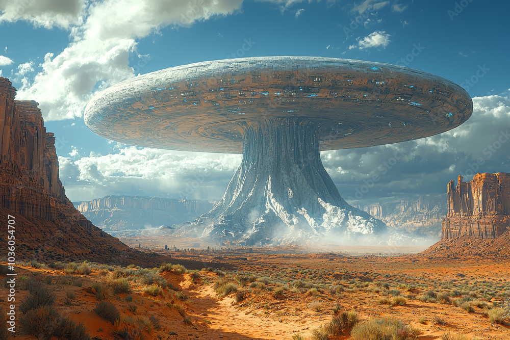 Canvas Prints a giant alien structure hovering over a desert landscape, representing the awe and mystery of alien 