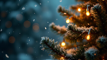 snow flake falls festive christmas tree twinkling lights